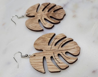 Stora trä Monstera Leaf Boho örhängen