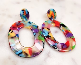 Confetti Resin Multicolor Oval Hoop Earrings