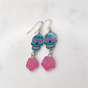 Sugar Skull Earrings: Blue & Pink Dia de Los Muertos, Hypoallergenic