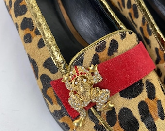 Vintage Beverly Feldman Leopard Loafers Gold Frog Pendants Playful and Artistic Mob Wife 7.5