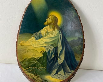VTG 1970s “Jesus in the Garden of Gethsemane “ Litho on wood Slab with live edge