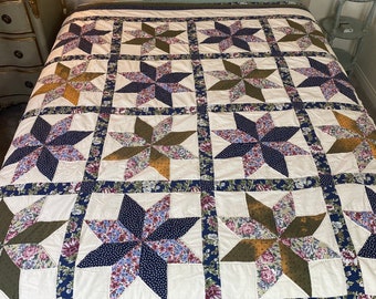 Vintage 8 pt Stern Lemoyne Star Quilt Queen