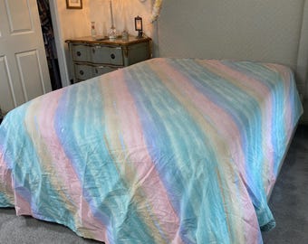 Vintage Rainbow colored Queen flat sheet pink blue green 80s