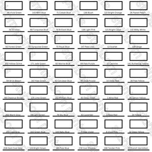 May include: A chart of 120 color swatches, each with a number and a color name. The colors are arranged in rows and columns, and the chart is printed on white paper.