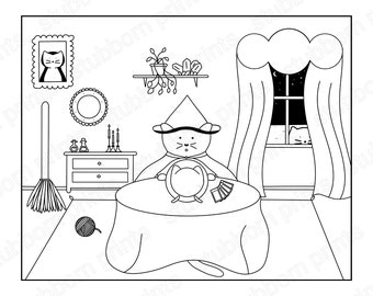 Witchy Cat Coloring Page: Enchanting Feline The Summoning Room Printable coloring page Downloadable Adult and Children Coloring Page