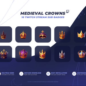 10 Twitch Sub Badges / Cheer Bit Badges - Medieval Crowns (18x18 / 36x36 / 72x72 px)