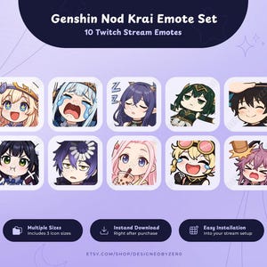 May include: A set of 10 Twitch stream emotes, each depicting a different anime-style character with various expressions. The emotes are square with white borders. The text "Genshin Nod Krai Emote Set" and "10 Twitch Stream Emotes" are visible.