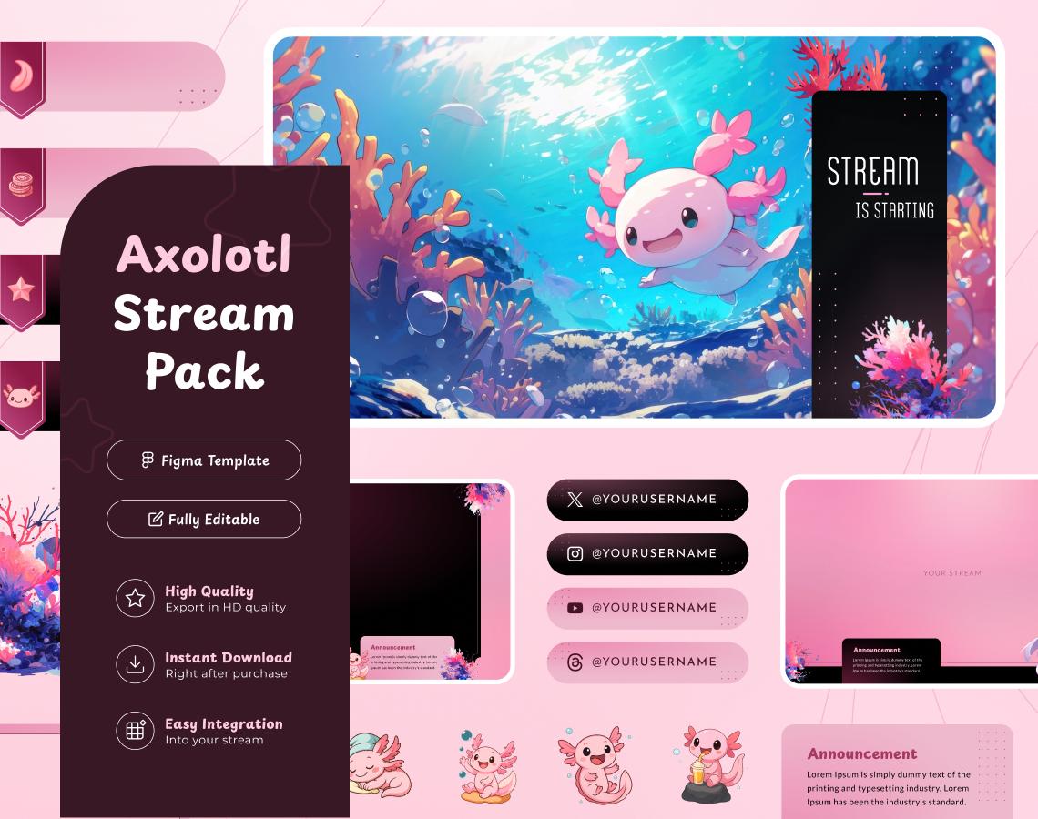 Cute Pink Axolotl Stream Pack| 55+ Elements | 1440p Overlays & Screens | Axolotl Stream Panels | 6 Premade Overlays | Fully Customizable