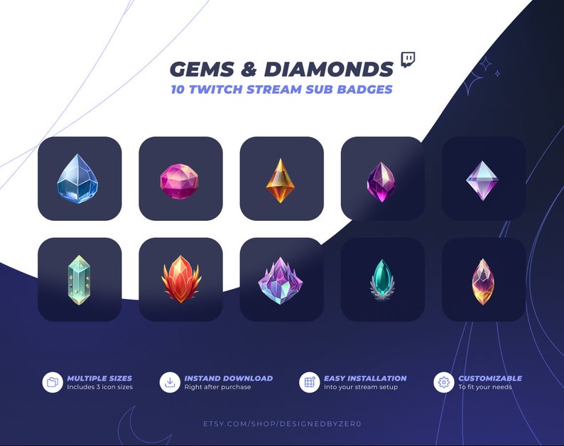 10 Twitch Sub Badges / Cheer Bit Badges Diamond Gems Crystals 18x18