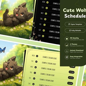 May include: Digital planner template featuring a cute cartoon wolf illustration. The design includes a schedule layout with the text "Cute Wolf Schedule" and options for Figma templates, fully editable features, and instant download.
