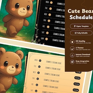 Puede incluir: Un planificador digital con un lindo tema de oso de dibujos animados. El planificador incluye un horario con el texto "Cute Bear Schedule", y características como una plantilla de Figma, diseño totalmente editable, calidad HD, dos temas, descarga instantánea e integración fácil.