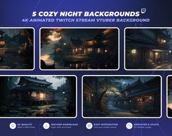 5 Animated Stream Backgrounds - Cozy Night Lofi Themed - 4k Stream Overlays & VTuber Backgrounds For Your Twitch Stream - Firefly Animation