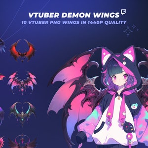 May include: A set of 10 digital demon wings in pink, purple, and black with intricate details. The wings are in PNG format and are 1440p quality. The wings are designed for use by virtual YouTubers.