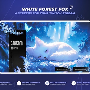 May include: Digital art featuring a white fox sleeping in a blue forest scene. The text "WHITE FOREST FOX" and "4 SCREENS FOR YOUR TWITCH STREAM" are at the top. The image includes a "STREAM IS OVER" screen and social media icons.