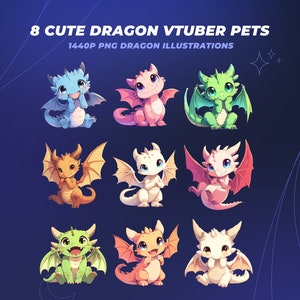 May include: Eight cute cartoon dragon illustrations in various colors, including blue, pink, green, orange, and white. Each dragon is sitting with its wings spread out and has a friendly expression. The illustrations are perfect for use as stickers, avatars, or other digital content.