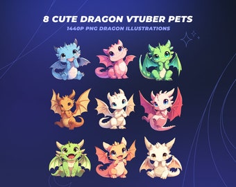 Puede incluir: Ocho ilustraciones de dragones de dibujos animados lindos en varios colores, incluidos azul, rosa, verde, naranja y blanco. Cada dragón está sentado con las alas extendidas y tiene una expresión amigable. Las ilustraciones son perfectas para usar como pegatinas, avatares u otro contenido digital.