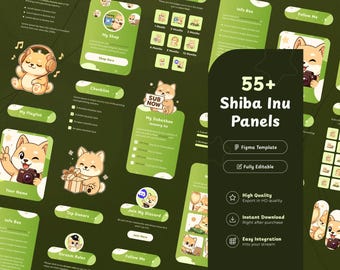 Mais de 55 painéis de transmissão do Shiba Inu para Twitch | Painéis Figma personalizáveis | Shiba Inu fofo de anime | Painéis VTuber | Ilustrações | Acessórios