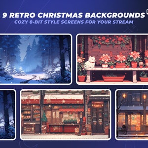 May include: Nine retro Christmas backgrounds in a pixelated 8-bit style. The backgrounds feature snowy forests, a flower shop with a white cat, a storefront with a Christmas tree, and a street scene with snow falling.