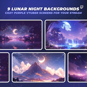 9 VTuber Backgrounds - Purple Moon & Lunar Night - Cozy Anime Background For Stream Overlay - Purple Nature Vtuber Asset
