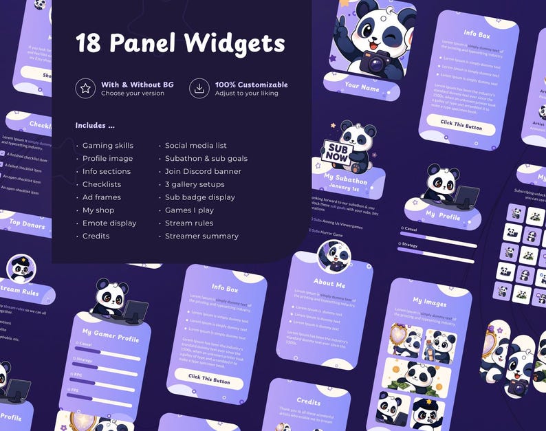 Mais de 55 painéis para transmissões ao vivo de panda roxo na Twitch | Painéis Figma personalizáveis | Panda fofo de anime | Painéis para VTubers | Ilustrações | Acessório imagem 2