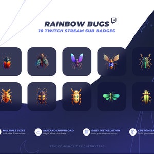 10 Twitch Sub Badges / Cheer Bit Badges - Colorful Bugs (18x18 / 36x36 / 72x72 px)