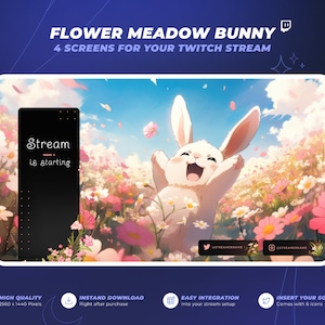 May include: A digital illustration of a white bunny with pink ears and a pink nose, jumping in a field of pink and white flowers. The text "Stream is starting" is in a black box in the background. The image is a Twitch stream overlay.