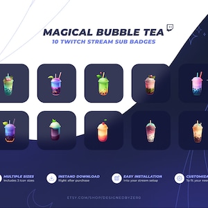 May include: A digital graphic showcasing ten bubble tea designs for Twitch stream sub badges. Each badge features a different flavour, with various toppings and straws. The text "MAGICAL BUBBLE TEA" and "10 TWITCH STREAM SUB BADGES" are displayed at the top.