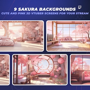 桜とサクラの背景を持つ 9 つの VTuber 背景 - ストリームオーバーレイ用のアニメ背景 - ピンクの Vtuber アセット