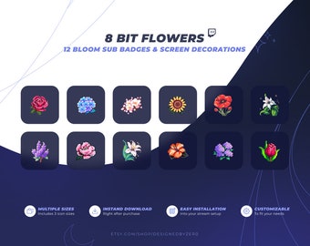 12 Pixel Flower Icons | Anime Blossoms | Twitch Sub Badge | Cheer Badge | Bit Badge | YouTube Icon | Reward Icon | Channel Point Icon
