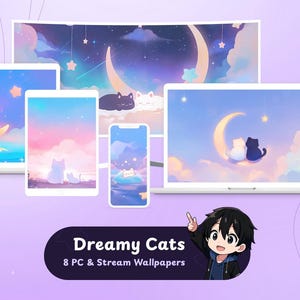 May include: A collection of digital wallpapers featuring dreamy cat illustrations. The artwork includes cats on moons, clouds, and in starry skies, displayed on various devices like laptops, tablets, and phones. The image also includes the text "Dreamy Cats".