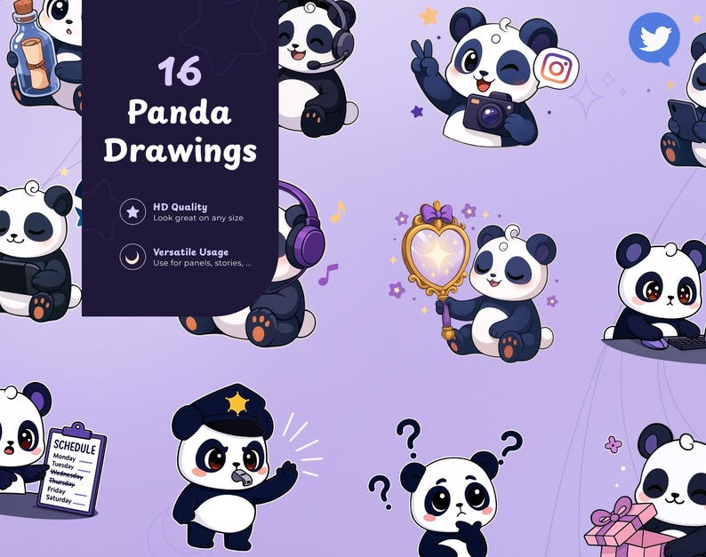 Mais de 55 painéis para transmissões ao vivo de panda roxo na Twitch | Painéis Figma personalizáveis | Panda fofo de anime | Painéis para VTubers | Ilustrações | Acessório imagem 4
