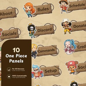 May include: A collection of 10 One Piece panels with various characters and text labels like "About", "Rules", "Schedule", "Socials", "Discord", "Donate", "Commands", "Credits", and "Setup". The panels are designed for all use cases and are 100% customizable.