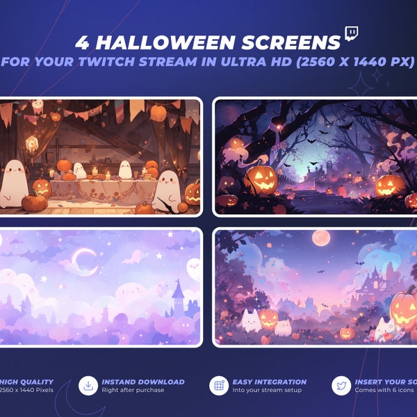 Lot VTuber Halloween - 4 superpositions Twitch et arrière-plans Vtuber - Arrière-plans Halloween pour les VTubers Twitch - Actifs VTuber