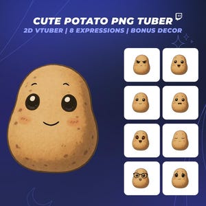 May include: A digital illustration of a cute potato character with various expressions. The potato has a light brown color with dark brown spots and a smiling face. The text reads "CUTE POTATO PNG TUBER" and "2D VTUBER | 8 EXPRESSIONS | BONUS DECOR".