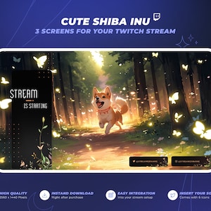 3 Twitch 1440p Shiba Inu Screens - Anime Cosy Orange Green Dog Forest Backgrounds - Start, Pause & Offline