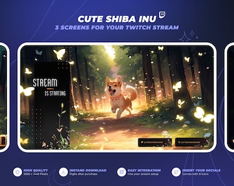 3 Twitch 1440p Shiba Inu Screens - Anime Cosy Orange Green Dog Forest Backgrounds - Start, Pause & Offline