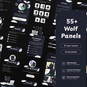 55+ Black Wolf Twitch Stream Panels | Customizable Figma Panels | Cute Anime Wolf | VTuber Panels | Illustrations | Accessory