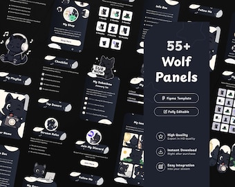 Mais de 55 painéis de transmissão do Black Wolf para Twitch | Painéis Figma personalizáveis | Lobo de anime fofo | Painéis VTuber | Ilustrações | Acessório