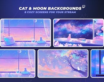 8 Cat And Moon Stream Backgrounds | Lofi VTuber Background | Anime Wallpaper | Vtuber Asset | Twitch And YouTube | Cozy Stream Overlay