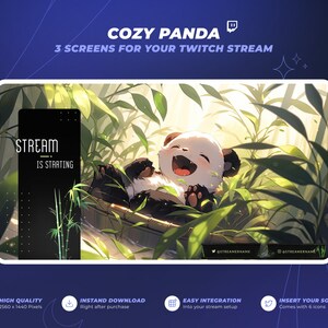 Cozy Panda - Anime Green Bamboo Twitch Stream Backgrounds - 1440p - Start , Pause & Offline Screens Plus Stream Panels - Cute Lofi Style