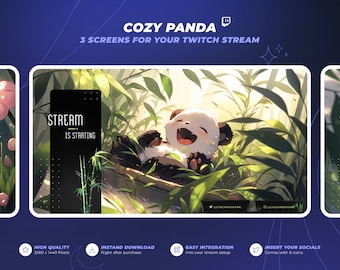 Cozy Panda - Anime Green Bamboo Twitch Stream Backgrounds - 1440p - Telas de início, pausa e offline, além de painéis de transmissão - Estilo Lofi fofo