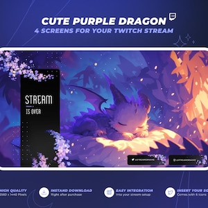 Op de afbeelding: Digitale afbeelding met een schattige paarse draak die slaapt, met de tekst "CUTE PURPLE DRAGON" en "4 SCREENS FOR YOUR TWITCH STREAM." Inclusief een "STREAM IS OVER" scherm en social media-iconen. Directe download van hoge kwaliteit.