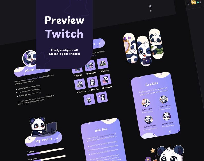 Mais de 55 painéis para transmissões ao vivo de panda roxo na Twitch | Painéis Figma personalizáveis | Panda fofo de anime | Painéis para VTubers | Ilustrações | Acessório imagem 5
