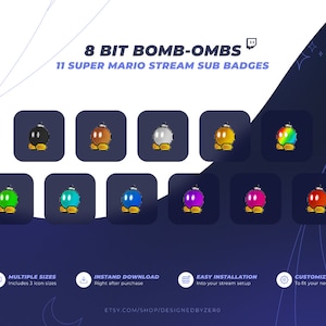 12 Twitch Sub Badges / Cheer Bit Badges - Mario Bomb-Omb - 8 Bit Pixel Style (18x18 / 36x36 / 72x72 px)