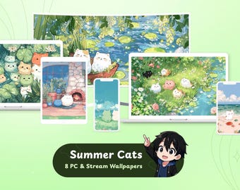 8 Summer Cat Backgrounds | Desktop Wallpapers | Stream Screens | Anime Cats | Pet Stream Overlays | VTuber Backgrounds