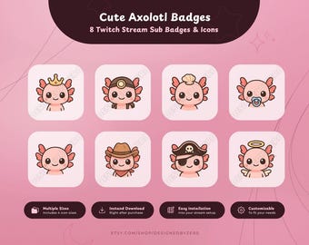 8 rosa Axolotl Icons | Twitch Sub Abzeichen | Cheer Badge | Gebissabzeichen | YouTube-Symbol | Belohnung Symbol | Kanalpunktsymbol | Discord Rolle Symbol