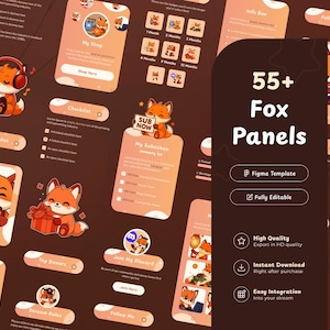 May include: A collection of digital panels with a fox theme. The panels feature cartoon foxes with various accessories and text such as "My Shop", "Checklist", and "55+ Fox Panels". The color scheme is warm, with shades of orange and brown.