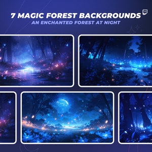 Könnte beinhalten: Sieben digitale Hintergründe mit einem magischen Wald bei Nacht mit leuchtenden blauen und violetten Lichtern, Schmetterlingen und einem Vollmond.