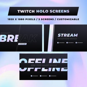 Animerad HD 1080p Twitch Holo-skärmvideoöverläggsuppsättning - Streamstart, paus och offline-bakgrunder (modern Holo KDA-gradientstil)