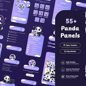 Plus de 55 panneaux de diffusion Twitch Purple Panda | Panneaux Figma personnalisables | Panda animé mignon | Panneaux VTuber | Illustrations | Accessoire